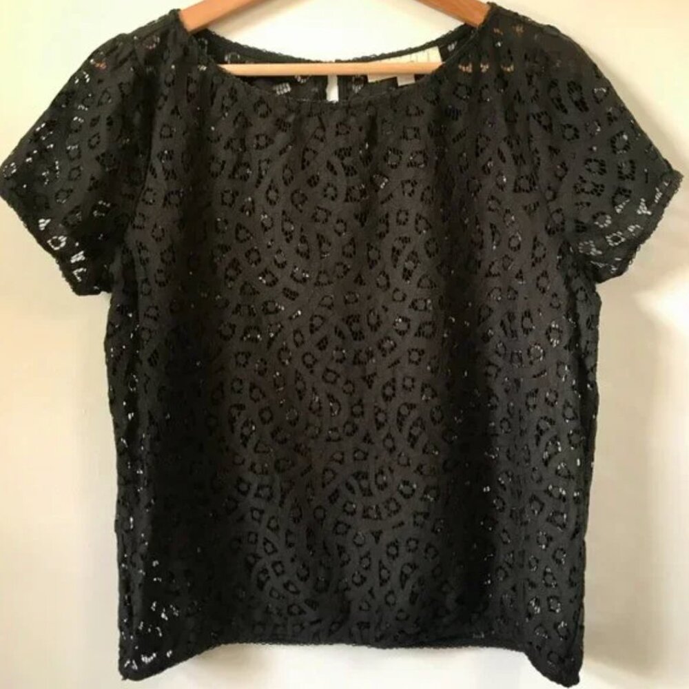 Ann Taylor LOFT Black Short Sleeve Eyelet Lace Blouse, Size S